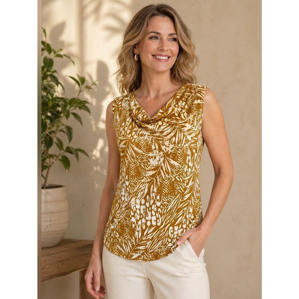 Christian Siriano gold and Neutral Tropical Linen Sleeveless Top size xl